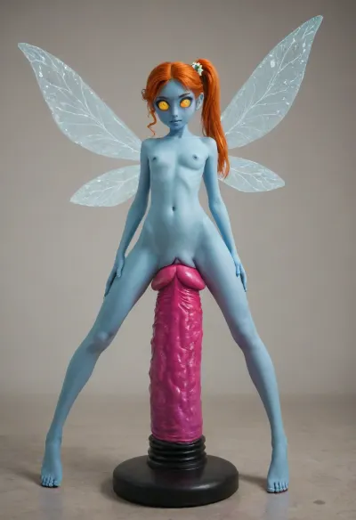 A girl looks at her reflection. full-length mirror, tiny odd little pixie, long spindly arms and mantis-like proportions, no pupils, glowing eyes, anime style, blue skin, f/1.4 lens, bokeh, tiny Daisy fairy princess, insect wings, see-through gossamer, in heat, in a video game, bombshell hair, glowing ginger hair, side ponytail, handstand, (((Giant pussy BlackDildo))), hyper massive huge extreme insane pussy dildo, extreme pussy insertion, Largest dildo possible, huge pussy toy, full body view, skinny small body, Tiny body, extremely wide dildo too big for futa and stretches pussy to breaking point, hyper extreme dildo wider than her thigh, pussy dildo, extreme insertion, hyper insertion, Biggest dildo imaginable, show full body in view, <lora:EnvyPixieXL01:.8>