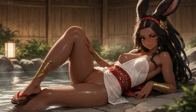 1girl, solo, 30yo, (((Viera, Shiva))), (voluminous extremely long dreadlocks, hair ornaments), slim body, furry body, perfect eyes, (deep gaze, smirk, looking at viewer), wet skin, large hoops, body ornaments, hairband, (freckles), ((bindi)), (small breasts), geta, obi, (highly detailed pussy, pubic hair), (groping one breast, caressing her leg), ((bathing in onsen, steam)), full body view, highres, best quality, ac_neg1, <lora:add-detail-xl:1.4>
