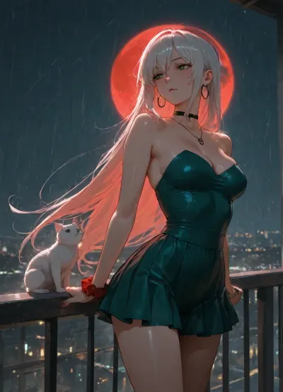 girl alone, (cold green color-grading), cold green tone lighting, (light red hair), long straight red color hair, white hair, strapless mini dress, green dress with vertical stripes, on long bridge, perfect body, skinny, medium breasts, red small shorts, (red scrunchie on one wrist), black choker necklace, large thin hoops, (big green eyes), asian face, near railing, white cat, adult, neutral skin tones, nighttime, raining, strong wind, large very big red moon behind