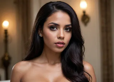 a modern photo of a latin woman, looks like candela skin, dark skin, round shape face, big lips, make up, goth, brown lipstick, button little nose, latin skin, big eyes, black eyes, long straight hairs, black hairs, beautiful face, nude, big tits, entire tits, realistic, modern, intricate, masterpiece, sharp focus, dramatic, soft lighting, high res, <lora:Latin_girl:.7>