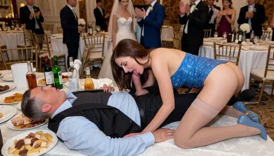 (Masterpiece, Highest Quality, Ultra-Realistic, Photorealistic:1.3), (1woman), ((professionally taken photo according to all the rules of composition)), ((on the wedding table, between bottles of alcohol and snacks, lies a man with his pants down and an erect penis, on the table, between his legs, a woman is kneeling and leaning toward the man's penis, licking the head of the man's penis with her tongue)), (((A man and a woman are lying on a wedding table between plates of snacks and bottles:1.7))), (setting, a decorated wedding banquet hall, tables are placed together and set into one large banquet table), (Scene description, a decorated wedding banquet hall, tables are placed together and set into one large banquet table, there is a set table with the remains of dishes, alcohol, and empty plates, at a wedding On a table, among bottles of alcohol and snacks, lies a man with his pants down and an erect penis. Between his legs, on the table, a woman is kneeling and leaning toward the man's penis, licking the head of the man's penis with her tongue. In the background, the groom, the bride, and the wedding guests stand and clap their hands, looking at the man and woman., (woman's description:40), woman, brunette, with a long bob haircut with a parting, hourglass figure but a little plump, (makeup and red lipstick on the lips), (red manicure), (sagging breasts, larger than average), housewife, (in a festive blue but rather modest dress), (nude nylon stockings with a wide welt of the same color high on the thighs), (elegant blue pumps with high thin heels)), ., (description of the man, a man of 60 years old, gray haired, wearing black suit pants, a light blue shirt and men's black shoes, the man has an erect penis), (additional details, (the woman has one breast exposed), (the woman is kneeling on a table, she leaned over the man's erect penis and licks the head of his penis with her tongue), (a lace is visible from under the hem of the woman stocking), (a man holds a glass of whiskey in his hand), (in the background are dressed guests, the groom in a wedding suit and the bride in a wedding dress and veil), (guests, the groom and the bride applaud the man and the woman), ((perfect hands and fingers:1.7)), ((ultra-realistic faces)), ((ultra-realistic hanging penis of a man:1.7)), (the camera shoots from a low angle, (from bottom up:1.7)))