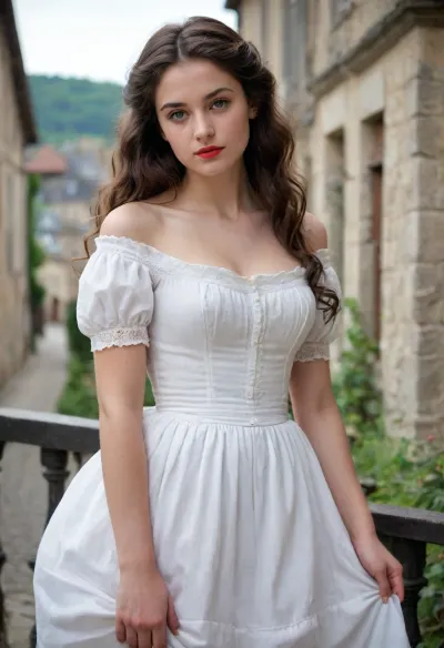 scene from beginning of 19th century, early 19th century setting, historically authentic entourage, province small french town, hot french young beauty, scinny body, deep-black long bushy wavy hair, hair's loose around shoulders, slightly oval pretty face, defined eyebrows, bright large blue eyes, long bushy eyelashes, accurate straight nose, plump well defined red lips, pointed chin, long neck, narrow shoulders, big pointed breasts, slim waist, small ass, perfect shaped legs, dressed in 19th century fashion, light white summer dress with very low and wide neckline which opens her shoulders fully and breasts down to nipples