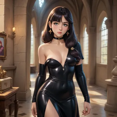 mona from genshin impact dross style reiq meets, woman, very nice sexy woman dark brünette hair in the black leather catsuite, one big natural breast is bulging out her dress, standing in a castle