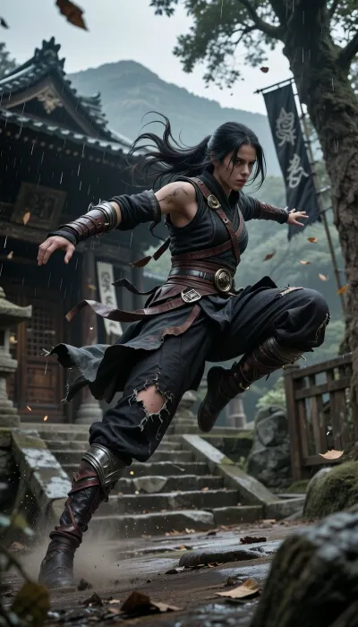 Masterpiece, best quality, ultra-detailed, ultra-realistic cinematic action photography, premium full-frame realism, dramatic low-key lighting, opulent shadow grading, deep blacks, powerful contrast, radiant rim light, sculpted directional lighting, subtle volumetric atmosphere, photorealistic textures, ultra-high fidelity materials, richly detailed fabric, weathered leather, forged steel, brushed metal, realistic stitching, scratches, dust, moisture, cinematic depth of field, subtle analog film grain, 8K realism, dynamic low-angle viewpoint from near ground level looking upward. An assassin from Assassin’s Creed Shadows with long dark hair frozen mid-air in a powerful combat leap. She wears traditional assassin clothing, fabric torn and battle-worn, flowing naturally through the motion. Every fold of cloth, leather strap, buckle, and metallic detail rendered with exceptional realism. Her hair streams behind her with lifelike motion, while her determined expression and athletic body language communicate speed, precision, and deadly focus. The background shows a dramatic feudal Japanese setting with ancient temple architecture, weathered stone steps, wooden gates, banners, towering trees, drifting leaves, and mountain silhouettes. Tiny particles of dust and rain suspended in the air. The perspective exaggerates scale and momentum, making the assassin appear heroic and unstoppable, with focus and extraordinary detail creating a timeless photorealistic cinematic masterpiece.