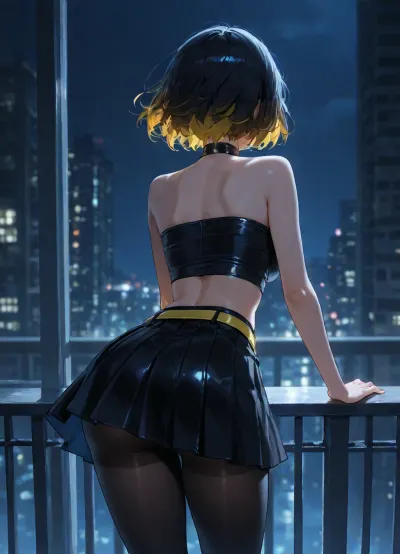 girl alone, skinny, perfect body, (cold blue color-grading:1.2), indigo blue tone lighting, short hair, (black dark hair:1.2), light-yellow hair-ends, neutral skin tones, beautiful face, big eyes, (face visible:1.2), looks backwards, (view from behind), black pleated flared mini skirt, (black skirt), skirt above-knee, soft satin-matte fabric skirt, light-yellow belt, black glossy leather halter crop top, high mock neck, sleeveless, bare shoulders, wide band hem, standing, leaning, at apartment, on balcony, nighttime, black transparent pantyhose, wind, adult