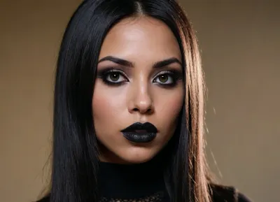 a modern photo of a latin woman, round face shape, dark skin, big lips, make up, goth, black lipstick, button nose, nose ring, big black eyes, long straight hairs, black hairs, beautiful face, realistic, modern, intricate, masterpiece, sharp focus, dramatic, soft lighting, high res