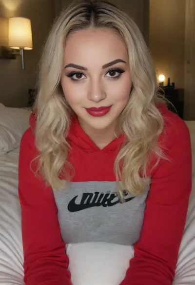 Anissa, 24yo North African Maghreb woman, warm dark olive brown skin with detailed visible pores, natural wavy ash blonde hair with dark roots, heavy makeup, dark eyeliner, red lipstick, flawless face, relaxing on the bed in casual Nike hoodie, soft smile looking at camera, cozy lighting, ultra realistic, shot on iPhone, film grain.
