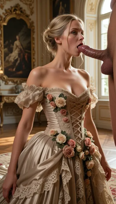 masterpiece best quality, highres, (realistic skin texture:1.2), 28yo adult female, elegant blonde hair in a refined updo, wearing an opulent haute couture gown featuring an intricate lace-up corset bodice, clustered floral rose adornments on the right hip, and a voluminous tiered draped skirt with ornate lace trimming, primary biological male 35yo standing before her, [Anchor], kneeling on floor, lips thoroughly wrapped around thick veiny shaft, deep oral penetration, glistening saliva at the corners of the mouth, cheeks slightly hollowed from suction, focused gaze, opulent baroque drawing room background, soft golden hour sunlight filtering through tall windows, medium side-profile shot to capture dress detail and facial interface, 8k resolution, Kodak 35mm film, highly detailed fabric textures