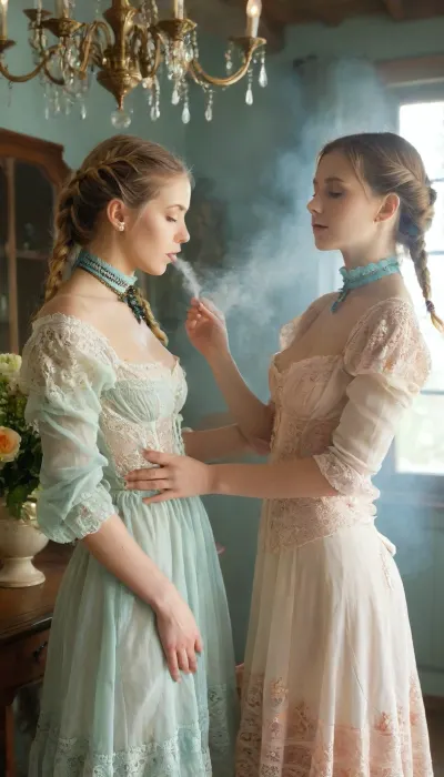 Couture, Colourful steam, beautiful lady arranging flowers in a antique vase, long gown, emerald collar, delphiniums, peony, peppermint, embroidered lace, chandelier, glittery smoke, beautiful model braided hairstyle, light rose, light green, light yellow, babyblue, and peach, <lora:MJ52:.7>