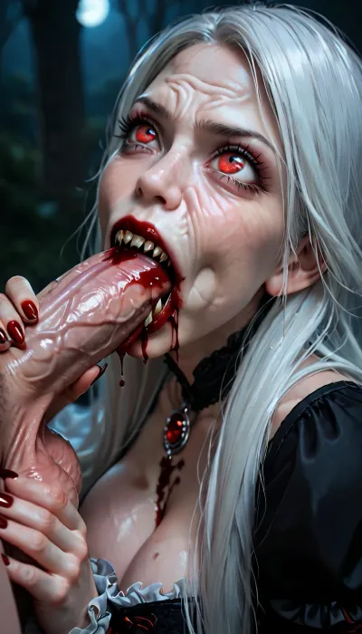 Vampire, ((an old vampire sucks a bloody cock)), (wrinkled face:1.4), Age difference, (make up:1.2), long white hair, (blowjob:1.4), (holding cocks:1.2), (big soft breasts:1.1), (mouth full or blood:1.3), (vampire teeth:1.2), (cock:1.3), big eyes, looking up, dark night, close-up, <lora:Mistress_of_the_night-000016:1.2>, <lora:dark slav suburbs_v0.0.1-15:1.2>