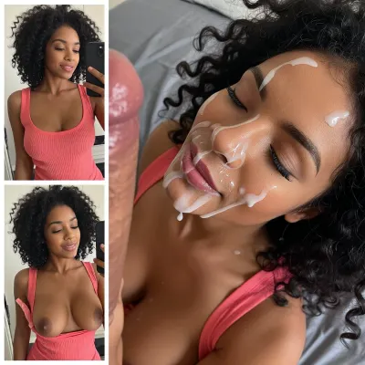 photorealistic, NSFW, explicit, collage style, 3 panels., (((ultra black skin woman))), Left panels, (2 images stacked vertically), POV mirror selfie of a stunning young brunette ultra black skin afro woman in her early 20s. Her afro black hair are free and savage. She's wearing a tight, form-fitting, ribbed coral-pink tank top dress. In the top-left panel, she smiles softly at her phone, her impressive cleavage visible. In the bottom-left panel, she's pulled down the top of her dress, fully exposing her large, round, natural breasts with beautiful, large, areolas and prominent, hard nipples.

Right panel, (the main, large image), An intimate, high-angle POV shot. The same ultra black skin afro woman is now nude, her head tilted back with a look of pure bliss and satisfaction. Her eyes are closed, and a serene smile is on her lips. Her entire face is completely covered in a thick, messy facial of fresh, white semen. Globs and drips of cum are on her forehead, running down her nose, splattered across her cheeks, around her smiling mouth, and even on her eyelashes. In the extreme foreground, partially out of focus, is the thick, veiny, uncircumcised shaft and glistening head of a penis, freshly ejaculated. The setting appears to be a bed with soft, grey sheets in the background.

Lighting, Soft, indoor lighting.
Details, ultra-detailed skin texture, every freckle visible, realistic and glistening semen texture, raw and intimate atmosphere, uncensored.