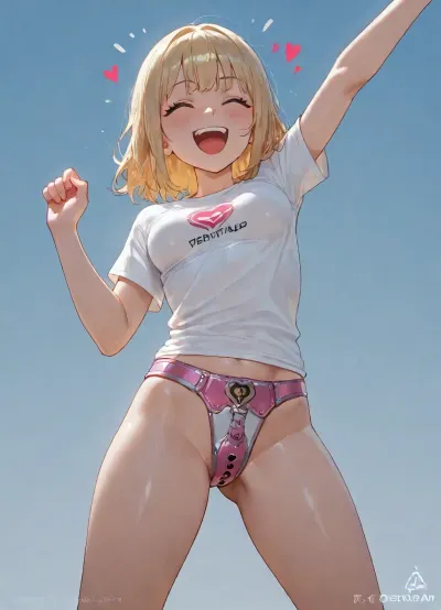 high quality, blue empty background, (chastity belt commercial), woman, short blonde hair, (), blushing, (small breasts), (white t-shirt with company logo), (futuristic pink chastity belt with heart-shaped metal lock), (standing, excited, dynamic, (), happy, smile), thumb up