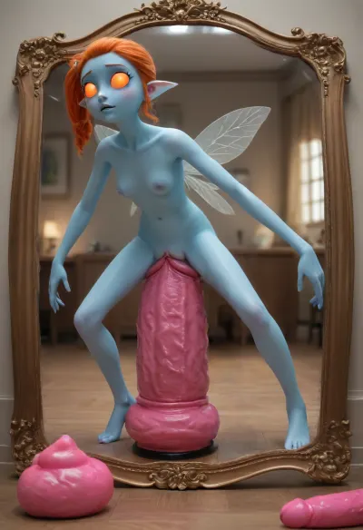 A girl looks at her reflection. full-length mirror, mirror, (old milf:1.11), tiny odd little pixie, long spindly arms and mantis-like proportions, no pupils, glowing eyes, anime style, blue skin, f/1.4 lens, bokeh, tiny Daisy fairy princess, insect wings, see-through gossamer, in heat, in a video game, bombshell hair, glowing ginger hair, side ponytail, handstand, (((Giant pussy BlackDildo))), hyper massive huge extreme insane pussy dildo, extreme pussy insertion, Largest dildo possible, huge pussy toy, full body view, skinny small body, Tiny body, extremely wide dildo too big for futa and stretches pussy to breaking point, hyper extreme dildo wider than her thigh, pussy dildo, extreme insertion, hyper insertion, Biggest dildo imaginable, show full body in view, <lora:EnvyPixieXL01:.8>