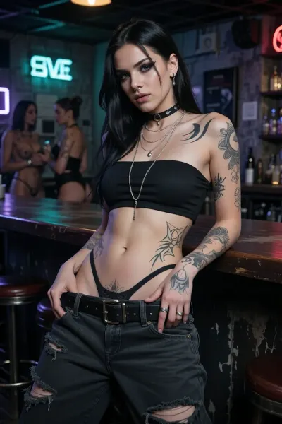 Photorealistic cinematic portrait of a confident 30 year old adult woman inside a dark grungy dive bar. She radiates effortless thirst trap energy, arrogant, confident, self-assured. Wide curvy hips, (slender long toned waist), elegant face dark rings under het eyes, bags under eyes, tired, fair pale skin. Dark grunge goth makeup, black eyeliner, soft lips, long black hair, layered hair, direct seductive eye contact, relaxed confident stance. She wears a cropped short top, pokies, thong, low-waist wide distressed dark pants, (baggy pants, wide pant legs), loose big belt, her pants are sitting low on her hips, the straps of her thong visible above her pants, the straps of her thong are sitting high on her waist, visible thong straps, belts, chains simple rings, nose piercing, and layered silver necklaces, detailed jewelry, (septum piercing), detailed piercings. Feminine artsy spiritual tattoos decorate her arms and collarbone, including fine-line moon phases, modern minimalist tribals, sacred geometry, occult imagery, and abstract goddess-inspired linework, detailed tattoos.

She is leaning against a dark wooden bar, Behind her, slutty sexy adult women flirt and socialize in the back ground in soft focus. Upcycled queer dive bar, concrete, neon lights, dark atmosphere, subtle neon reflections, classy grunge mood. 85mm lens look, shallow depth of field, realistic skin, cinematic low light, fashion editorial photography, tasteful sensuality, magnetic lesbian presence.