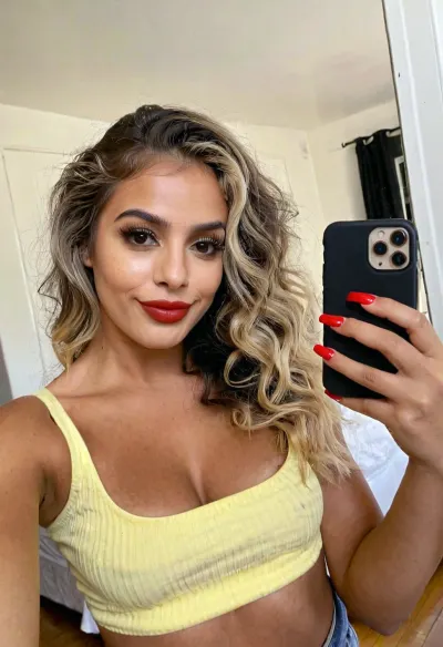 Anissa, 24yo North African Maghreb woman, warm dark olive brown skin with highly, highly detailed visible skin pores, realistic skin texture, natural skin imperfections, ultra detailed skin, detailed visible pores, natural wavy ash blonde hair with dark roots, heavy makeup, dark eyeliner, red lipstick, flawless consistent face, mirror selfie in yellow tube top and denim shorts, holding iPhone, soft smile looking at camera, ultra realistic, shot on iPhone, natural lighting, film grain. Amateur, no AI look.