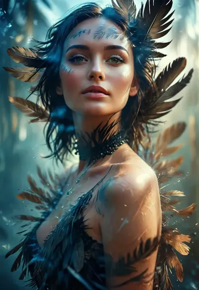 fullbody, A double-exposure illustration in which a woman face is overlaid with raven feathers, blending human features with skin elements, /KlTTYART/, <lora:COMFYUI_mimic_landscape_-_XL_SDXL v2.0:.1>, <lora:attractive_notrigger:.1>, <lora:MJ52:.5>