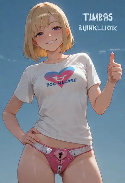 commercial poster, empty blue background, woman, (blushing, (blonde), (small breasts), (t-shirt), (futuristic pink chastity belt with large heart shaped lock:1.3), happy, smile, thumbs up), zoom to lock