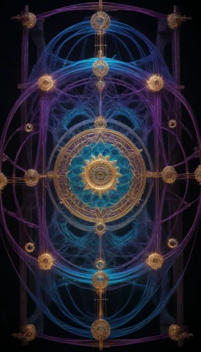 Generate a singular, hyper-detailed, and awe-inspiring image depicting a monumental, celestial loom suspended in a dark, infinite void. At the center of the loom, an ethereal, multi-armed quantum artisan, (evoking the ancient weaver archetype), manipulates glowing, UV-reactive threads that represent the probability waves of alternate timelines. The entire web is illuminated exclusively by a focused 365nm UV beam, causing the quantum silk to fluoresce into intricate mandalas of sacred geometry, galaxy clusters, and branching timelines in neon gold, quantum turquoise, and deep ultraviolet purple.