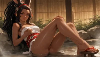 1girl, solo, 30yo, (((Viera, Shiva))), (voluminous extremely long dreadlocks ponytail, hair ornaments), slim body, perfect eyes, (deep gaze, smirk, looking at viewer), wet skin, large hoops, body ornaments, hairband, (freckles), ((bindi)), (small breasts), geta, obi, (highly detailed pussy, pubic hair), (groping one breast, caressing her leg), ((bathing in onsen, steam)), full body view, highres, best quality, ac_neg1, <lora:add-detail-xl:1.4>