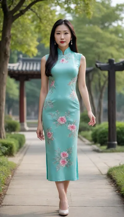 In the front, a 50 years old Chinese woman with long flowing hair is elegantly standing outdoors. She is wearing a short Chinese-style qipao, which makes her figure more slender. Her long hair falls naturally, adding a touch of feminine beauty. Her posture is elegant and calm. She wears simple large earrings, which add brilliance to the overall look. She wears a pair of pointed stiletto heels on her feet, and the delicate and slender heels show her fashion taste.