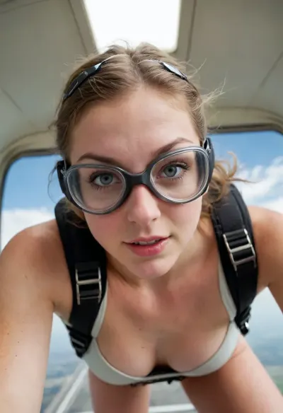 A Photograph of a 20yo beautiful girl with Grey eyes. Naked with sneakers. She ist skydiving. Jumping Out of an airplane. She wears a skydiving goggles.