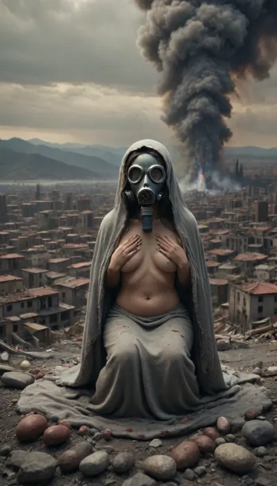 Woman with gas mask, her head covered with a long blanket similar to the Virgin of Guadalupe, holding a missile in her arms, completely naked, sitting on a stone, with a destroyed city in the background and naked women's bodies sleeping on the floor, monoxxdr4ws, <lora:MonochromeDark-17:.8>, <lora:detailed_notrigger:.8>, ais-darkpartz, <lora:Dark_Particles_Style_SDXL:.8>