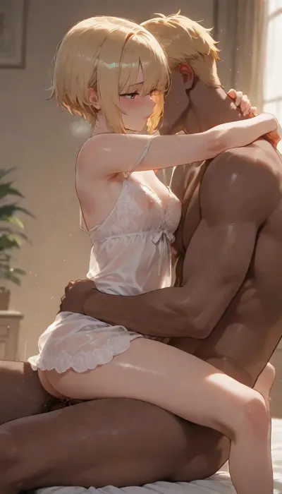(blond short hair), (skinny), (small tits), (dark skin girl), (purple eyes), (hairy pussy), <lora:Tan_Pokemon_Anime_style_girl:.8>, <lora:aesthetic_anime_v1s:.8>, the girl is sitting on the lap of a skinny tall dark-skinned man facing him, she wears a Sexy Transparent Lace Nightgown, lotus sex position, her legs wrapped around his waist, intimately penetrated while facing each other, side view, both nightgown straps slip off both shoulders, the upper chest part of her nightgown is pulled down exposing both of her breasts, tits partially visible, small breasts, small tits, her arms tightly hugging his neck, she is ashamed, shy and blushing, focus on the girl