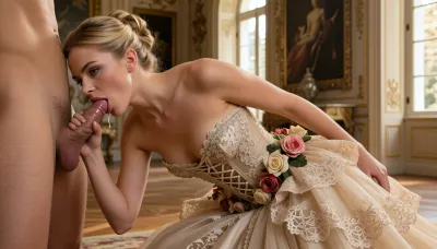 masterpiece best quality, highres, (realistic skin texture:1.2), 28yo adult female, elegant blonde hair in a refined updo, wearing an opulent haute couture gown featuring an intricate lace-up corset bodice, clustered floral rose adornments on the right hip, and a voluminous tiered draped skirt with ornate lace trimming, primary biological male 35yo standing before her, [Anchor], kneeling on floor, lips thoroughly wrapped around thick veiny shaft, deep oral penetration, glistening saliva at the corners of the mouth, cheeks slightly hollowed from suction, focused gaze, opulent baroque drawing room background, soft golden hour sunlight filtering through tall windows, medium side-profile shot to capture dress detail and facial interface, 8k resolution, Kodak 35mm film, highly detailed fabric textures