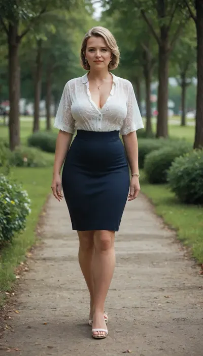 spectacular 60-year-old MILF, elegant feminin summer clothing, mini skirt, walking through the park on a bright day, front view, full body