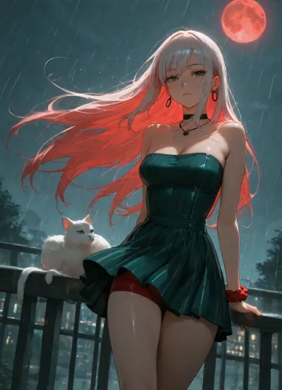 girl alone, (cold green color-grading), cold green tone lighting, (light red hair), long straight red color hair, white hair, strapless mini dress, green dress with vertical stripes, on long bridge, perfect body, skinny, medium breasts, red small shorts, (red scrunchie on one wrist), black choker necklace, large thin hoops, (big green eyes), asian face, near railing, white cat, adult, neutral skin tones, nighttime, raining, strong wind, large very big red moon behind