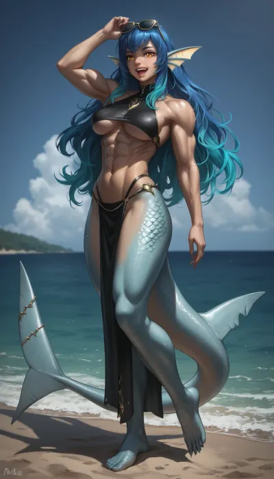 Mak0_mgi, gradient hair, blue hair, long hair, shark fins, navel, looking at viewer, black clothes, underboob, pelvic curtain, sunglasses on head, orange eyes, slit pupils, monster girl, shark tail, shark mermaid, muscular female, sharp teeth, full body, open mouth, smile, beach, horizon, ocean, <lora:dark:.8>, <lora:Fantasy with epic details - XL SDXL v1.0:2>