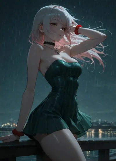 girl alone, (cold green color-grading), cold green tone lighting, (light red hair), long straight red color hair, white hair, strapless mini dress, green dress with vertical stripes, posing, on long bridge, perfect body, skinny, medium breasts, (red scrunchie on wrist), black long wrap choker necklace, (asian make-up on face), wind, adult, neutral skin tones, nighttime, raining