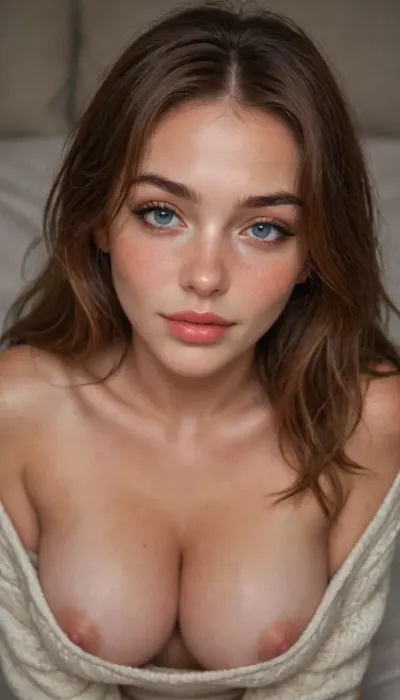ziprealism, (score_9, score_8_up, 1girl), closeup shot, sharp focus, high saturation, high contrast, high angle, focus on eyes, perfect eyes, perfect hands, slutty makeup, long eyelashes, full lips, (sultry facial features, 18yo beauty, naughty whore), (large natural breasts, pale breasts, cleavage, loose comfy sweater, nipple slip, cozy bedroom, intimate moment:1.2), (sexy smile, wide bashful eyes, bashful pose, blushing, flushed chest:1.4), (freckles, flushed face), (vibrant auburn hair, long hair hanging loose), igbaddie, <lora:igbaddie-XL:.8>, <lora:add-detail-xl:.8>