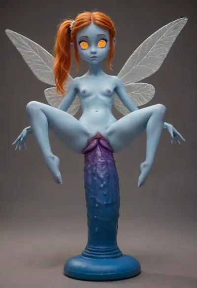 A young woman looks at her reflection. tiny odd little pixie, long spindly arms and mantis-like proportions, no pupils, glowing eyes, anime style, blue skin, f/1.4 lens, bokeh, tiny Daisy fairy princess, insect wings, see-through gossamer, in heat, in a video game, bombshell hair, glowing ginger hair, side ponytail, handstand, (((Giant pussy BlackDildo))), hyper massive huge extreme insane pussy dildo, extreme pussy insertion, Largest dildo possible, huge pussy toy, full body view, skinny small body, Tiny body, extremely wide dildo too big for futa and stretches pussy to breaking point, hyper extreme dildo wider than her thigh, pussy dildo, extreme insertion, hyper insertion, Biggest dildo imaginable, show full body in view, <lora:EnvyPixieXL01:.8>