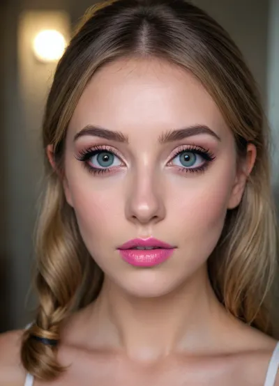 yShe wears pink and shiny lipstick, and has large, slanted gray eyes.
make-up, long golden eyelashes, olive shadows with blue eyeliner, straight bangs, hairstyle, two pigtails hanging on the chest, covering