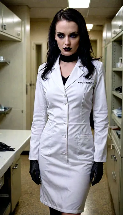 Gorgeous young goth medical examiner, in a creepy morgue, black lipstick, white medical coat, tight black cotton dress, black high heels, large veiny breasts, cleavage, pale white skin, holding a scalpel, black rubber gloves, body bags, beautiful, angry expression, gorgeous, annoyed, harsh florescent light, <lora:LCMTurboMix_Euler_A_fix:.8>