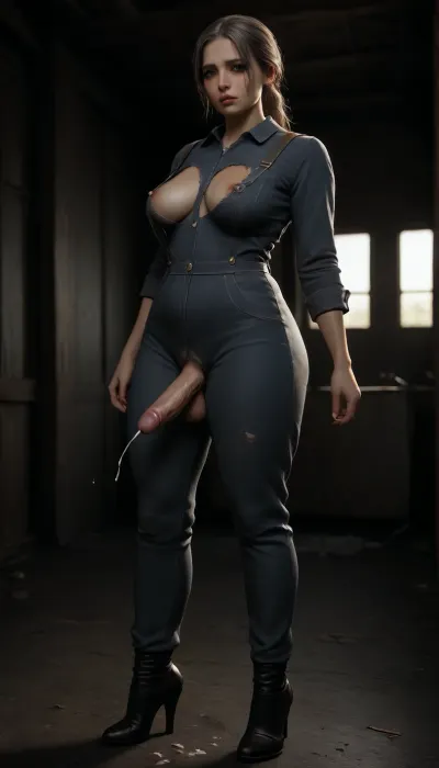 ((very fat and old futa)), solo, ((very old and fat futa cums)), very mature fat futa, very mature shemale, very mature futa with breasts and her own penis, very mature futa with her own penis and balls, (erection), penis, ejaculation, just finished, covered in cum, one leg high up, standing, lots of cum, smeared makeup, older woman's body, (expression lines on face and body), (dirty overalls unbuttoned), work overalls torn at groin, (sagging breasts), erect nipples, large nipples, (powerful orgasm on face), drooling from mouth, (just finished), ((wide thick thighs)), (gray hair), long gray hair, disheveled gray hair, gray pubic hair, freckles on face and body, (just cum), thick thighs, thick ass, high-heeled boots, very loud moans during orgasm, (in a dark abandoned workshop), full-length, (((shabby jumpsuit with suspenders))), (full-length), (photorealistic), (realistic), (neon lighting), 1D, seamless, 20D, <lora:Adjust_SDXL_v3.0:2>, <lora:detailed_notrigger:2>, <lora:dark:2>, <lora:CinematicStyle_v1:2>, <lora:add-detail-xl:2>