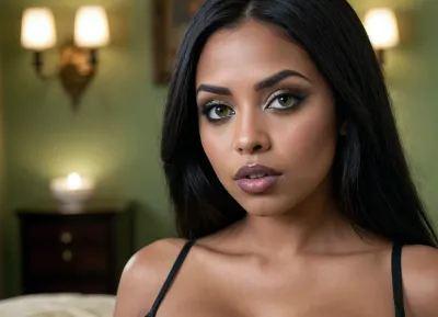 a modern photo of a latin woman, dark skin, round shape face, big lips, make up, goth, light green lipstick, button little nose, latin skin, big eyes, black eyes, long straight hairs, black hairs, beautiful face, nude, big tits, entire tits, realistic, modern, intricate, masterpiece, sharp focus, dramatic, soft lighting, high res, <lora:Latin_girl:.7>