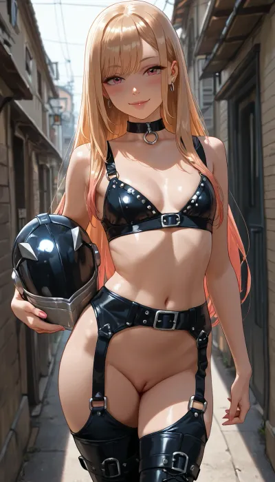 (masterpiece, best quality, highres, photorealistic anime style), Marin Kitagawa from My Dress-Up Darling, but with a petite build, flat chest, and younger body type look, long brown hair, blue eyes, wearing an open-cup leather bra with metal studs, leather chaps with no seat, knee-high combat boots with metal plates, and a leather posture collar with a D-ring, she is posing defiantly, a look of rebellious confidence on her youthful face, gritty, urban alleyway lighting, explicit, nsfw.