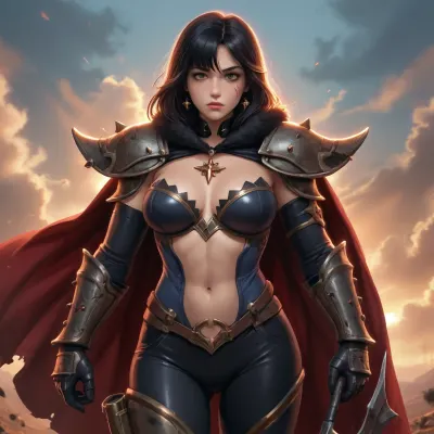 mona from genshin impact dross style reiq meets, woman, Female Guts from Berserk, genderbent version of Guts the Black Swordsman, tall powerfully built woman with muscular yet feminine physique, broad shoulders, strong arms and legs, defined abs, large breasts, long messy black hair partially covering one eye, intense golden-brown eyes, multiple battle scars across face body and arms, large vertical scar across the bridge of the nose, missing left forearm replaced by a mechanical prosthetic arm with built-in cannon, wearing canonical Black Swordsman armor, black iron chest plate, shoulder pauldrons, arm guards, heavy leather straps and belts, dark pants, iron greaves and boots, tattered black cape flowing behind, holding the massive Dragonslayer greatsword resting on her shoulder, dark gritty atmosphere, blood and dirt on armor and skin, fierce determined expression, highly detailed, realistic anatomy, dramatic lighting