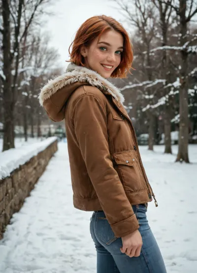 score_8_up, score_7_up, 21 years old, red head short hair, green eyes, detailed face, realistic, tanned skin, extremely beautiful, (skinny_girl:1.2), freckles, in a park, winter, snow, smiling, jeans, brown winter jacket, side view