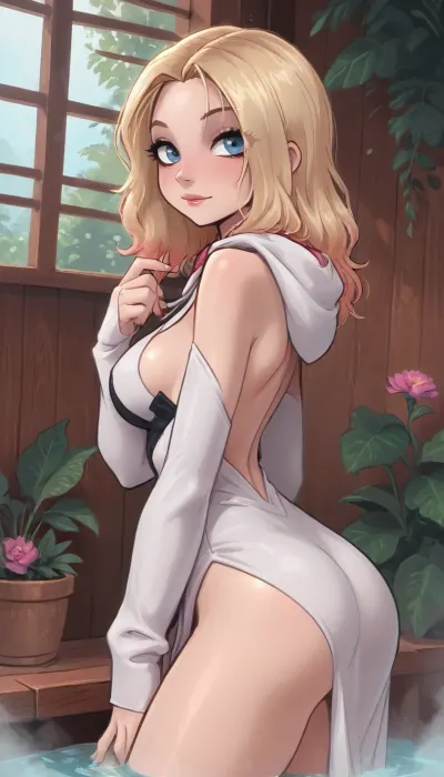 (innv meets jack cayless style), (reiq style, masterpiece, cel-shaded, limited color palette), ((Beautiful Sexy spider Gwen from marvel body)), (1girl, solo, alone, 21 year old woman), ((1girl, solo, alone, 21 year old woman body)), (blonde with pink tips), (gorgeous, seductive face, mature, ads, perfect breast, perfect hands, perfect legs, small waist, thick thighs, hips, big ass, sweaty body), (whit no suit hood), (), (sweaty tight small white pink spandex bar:1.1), (tight small white pink spandex thong:1.1), (green tennis shoes with white laces), (standing tomboy workout pose), (sauna, steam, summer, beach, tropical, flowers, plants, sauna background), ultravio let light, LoL, Style, ratatatat74, 0zy, <lora:mk_Bp Anime_xl:2>, <lora:cartoon_stickers_xl_v1:2>, <lora:ratatatat74-000050:2>, <lora:0zy:2>