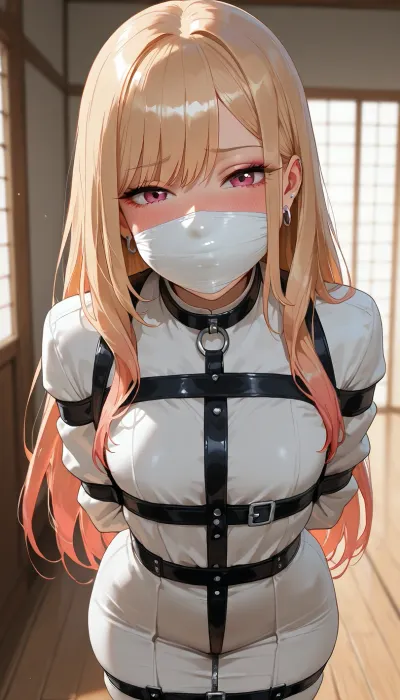 (masterpiece, best quality, highres, photorealistic anime style), Marin Kitagawa from My Dress-Up Darling, but with a petite build, flat chest, big on gag, layered on, over the nose gag, cloth gag, multiple gags, multiple cloths covering nose, puffy-cheeks, puffy cheeks, cheek bulge over nose, mouth covered, nose covered, nose bridge covered, different colored cloths, straitjacket, bound legs, masterpiece, ultra detailed