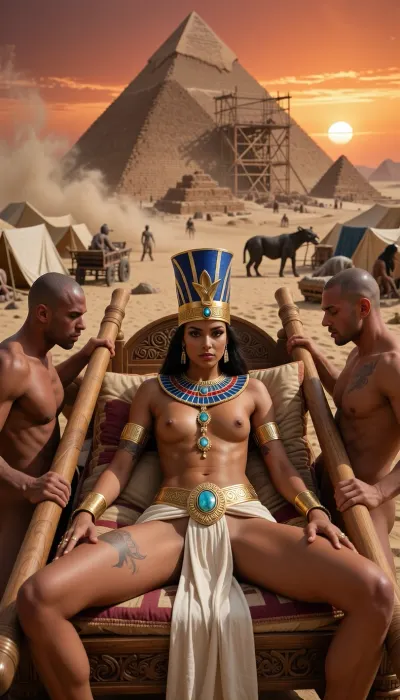 Masterpiece, ultra-photorealistic cinematic realism, ancient Egypt at a blazing desert sunset, monumental scale, uncompromising detail. In the extreme foreground, a 23-year-old Pharaoh queen reclines gracefully on layered silk cushions inside an ornate carved wooden palanquin. Two thick, smooth, cylindrical wooden carrying poles extend from the front and rear of the litter. Exactly four human male carriers with shaved heads, one positioned at each corner, support these poles firmly on their shoulders, their muscular shoulders, upper backs, hands, and partially visible heads clearly communicating physical weight, coordinated movement, and royal procession. No bears anywhere in the scene. The queen remains the absolute focal point, slender, athletic, regal, deep bronze skin, subtle ceremonial tattoos, tack-sharp eyes, visible pores, natural skin microtexture, crisp eyelashes and realistic facial detail. She wears a tall blue-and-gold Egyptian ceremonial crown with royal uraeus ornamentation. Her lower body is wrapped in an elegant, finely pleated ivory linen cloth draped around her hips, secured by a broad royal gold belt richly set with large iridescent opals and intricate engraved details. Elaborate gold-and-opal body jewelry rests naturally against her skin, a segmented ceremonial necklace begins around her neck and descends vertically across her upper torso toward her navel, each articulated gold section decorated with luminous opals, realistically following the contours of her body. Heavy gold armlets, bracelets and rings complete the royal ensemble. Behind her rises a colossal half-finished pyramid surrounded by ramps, scaffolding, timber lifting structures, thousands of workers, sprawling tent settlements, workshops, carts, stone sledges, oxen, donkeys and several distant elephants working within the vast construction site, all softened by atmospheric depth. Dense sand and suspended dust fill the air. A low ember-red sun burns through the haze, producing intense heat shimmer, volumetric light shafts, fiery amber highlights, deep underexposure, hard shadows, extreme micro-contrast, cinematic HDR, controlled bloom, razor-sharp facial focus, 35mm full-frame optics, shallow depth of field, subtle analog film grain, museum-grade textures, epic historical grandeur.