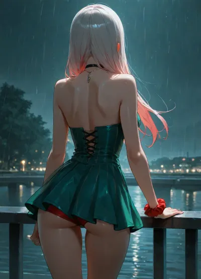 girl alone, (cold green color-grading), cold green tone lighting, (light red hair), long straight red color hair, white hair, strapless mini dress, green dress with vertical stripes, posing, on long bridge, perfect body, skinny, medium breasts, (red scrunchie on one wrist), black choker necklace, large thin hoops, strong wind, red small shorts, back view, view from behind, leaning, adult, neutral skin tones, nighttime, raining