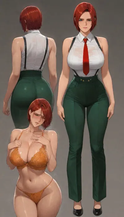 Vanessa from the king of fighters video games, iconic outfit, (red short hair, red tie, sleeveless white shirt, orange lingerie, black suspenders, olive green suit trousers), sweating, crying, wet body, ultra detailed, she's crying, tears, she's suffering, teeth clenched, she's terrified, high resolution, uncensored, hyper-detailed outfit, beautiful eyes, beautiful women, Normally proportioned body, no disproportionate breasts, no big breasts, eyes beautiful, Oda non style, oda_non art style, full body view, back view, <lora:add-detail-xl:2>, <lora:shinkiro_XL_v2:2>, <lora:style61-a31-000015:2>