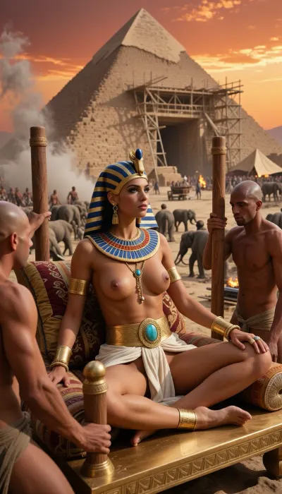 Masterpiece, ultra-photorealistic cinematic realism, side view, ancient Egypt at a blazing desert sunset, monumental scale, uncompromising detail. In the foreground, a 23-year-old Pharaoh queen She is sitting relaxed, cross-legged on a flat golden ancient Egypt palanquin, spacious enough for her full body, she looks to the colossal pyramid, while, resting on thick embroidered silk cushions. Her posture is relaxed and regal, upper body raised against the cushions as she surveys the construction works. Two cylindrical wooden carrying poles project from front and rear. Exactly four shaved-headed male carriers, one at each corner, support the poles across their shoulders, visibly bearing the weight.

The queen remains the absolute focal point, perfect focused face, slender, athletic, deep bronze skin, tack-sharp eyes, visible pores, realistic skin microtexture and lifelike hands. big firm tits, She wears a classical blue-and-gold striped Nemes headdress with royal uraeus, a pleated ivory linen wrap around her hips, a broad engraved gold belt set with large iridescent opals, and segmented gold-and-opal jewelry descending from her neck toward her navel, plus gold armlets, bracelets and rings.

Behind her, hundreds of workers and laboring elephants swarm chaotically like an anthill through an immense pyramid megasite. The colossal pyramid is unmistakably unfinished, one entire side is physically open and missing, clearly exposing a vast interior cavity, unfinished corridors and a monumental burial chamber, plainly visible from the camera angle. Massive timber scaffolding, ladders, platforms and beams cling to the open face. Tent cities, workshops, cooking fires, smoke, sledges, carts, ropes, dust and heat haze fill the landscape. A low ember-red sun shines through airborne sand and smoke, creating dramatic backlight, volumetric rays, deep shadows, fierce highlights, extreme micro-contrast, cinematic HDR, shallow depth of field, subtle film grain, 35mm full-frame optics and breathtaking historical grandeur.