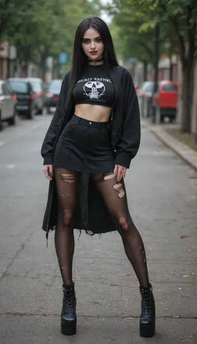 goth girl, long black hair, black chocker, pink lipstick, ripped revealing pantyhose, goth, long legs, perfect face, green eyes, horny smile