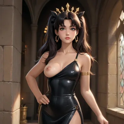 ishtar from fate/grand order dross style reiq meets, woman, very nice sexy woman dark brünette hair in the black leather catsuite, one big natural breast is bulging out her dress, standing in a castle