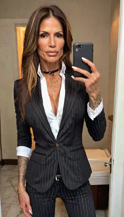 Bathroom selfie, black pinstripe blazer with white shirt and pinstripe pants, ((old, 50yo)), handcuffed, choker, tattoos, sexy neck, ((old brown hair mom woman)), (tan skin), (skinny muscle:1.3), (beautiful Mexican instagram model face), (fit body), very beautiful, perfect skinny body, perfect face, looking at the camera, perfect eyes, (skinny fit), pretty, snub-nosed, long hair, 4ng3l, face, bmbplora, <lora:clothed_small:1.8>, <lora:SDXL_BetterFaces-LoRA_v1:.8>, <lora:bimboxl_02:.8>